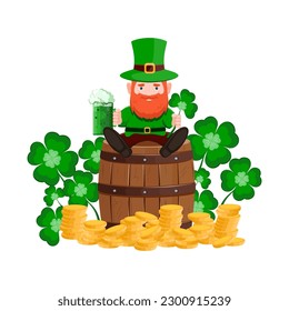 St. Patrick's Day. Jolly Leprechaun. Cartoon, vector drawing dedicated to St. Patrick's Day. Trefoil, green beer and coins. Used for cards, stickers, greetings, prints. Traditional green color. 