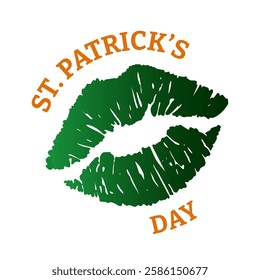 St. Patrick's day kiss. Vector illustration. Green lips and inscription. Holiday design.