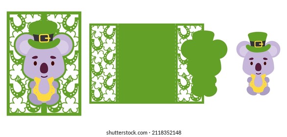 St. Patrick's Day koala laser cutting invitation card template. Paper cut out silhouette for plotter and silk screen printing. Vector stock illustration.