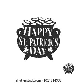 St. Patrick's Day, label flat silhouette, logo, bowler with gold illustration, scrap, texture, text inside, black, white, gray