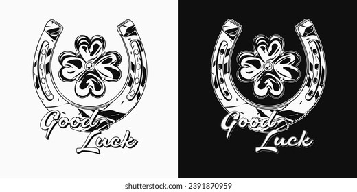 St Patricks Day label with golden horseshoe, four leaves shamrock, clover, text Good Luck. For prints, clothing, t shirt, surface design. Vintage illustration on black, white background