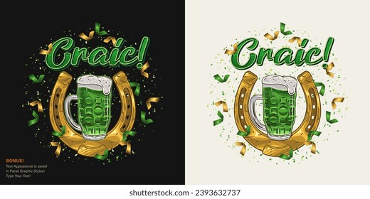 St Patricks Day label with golden horseshoe, glass of beer, text Craic, scattered confetti. For prints, clothing, t shirt, holiday goods design. Vintage illustration on black, white background