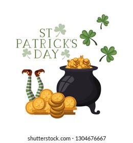 st patrick`s day label with leprechaun cauldron