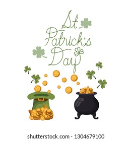 st patrick`s day label with leprechaun cauldron