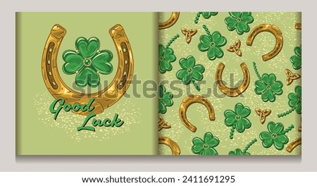 St Patricks day label, seamless pattern with trefoil, lucky shamrock, Triskele Celtic knot, golden dust, horseshoe amulet, text Good Luck. Vintage festive illustrations on light green background