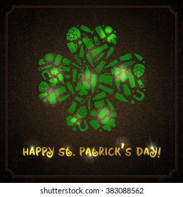 St. Patricks day label. Vector craft beer poster with the shamrock composed of beer bottles, mugs, glasses, ingredients and Patrick's day symbols. Dark vintage background.