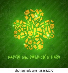 St. Patrick's day label. Vector craft beer poster with gold shamrock composed of beer bottles, mugs, glasses, ingredients and Patrick's day symbols.Green vintage background.