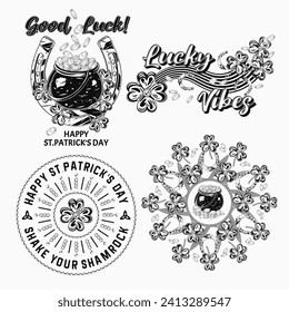 St Patricks Day Labels with holiday objects, text on white background Shamrock, pot with coins, horseshoe For clothing, apparel, T-shirts, holiday stuff, goods decoration Vintage style