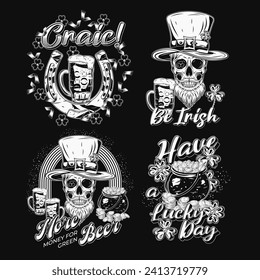 St Patricks Day Labels with holiday objects, text on black background. Shamrock, skull, horseshoe, beer. For clothing, apparel, T-shirts, holiday stuff, goods decoration Vintage style