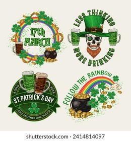 St Patricks Day Labels with holiday objects, text on white background. Skull, beer, shamrock, rainbow. For clothing, apparel, T-shirts, holiday stuff, goods decoration. Vintage style illustration