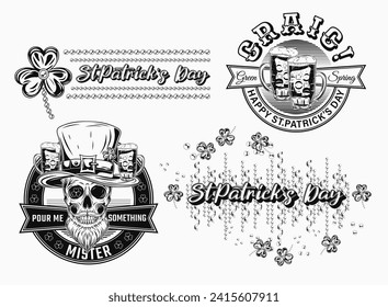 St Patricks Day Labels with holiday objects, text on white background. Skull, beer, bead string, shamrock leaves For clothing, apparel, T-shirts, holiday stuff, goods decoration Vintage style