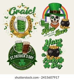 St Patricks Day Labels with holiday objects, text on white background. Shamrock, skull, horseshoe, golden treasure. For clothing, apparel, T-shirts, holiday stuff, goods decoration Vintage style