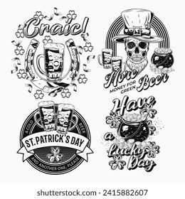 St Patricks Day Labels with holiday objects, text on white background. Shamrock, skull, horseshoe, beer. For clothing, apparel, T-shirts, holiday stuff, goods decoration Vintage style