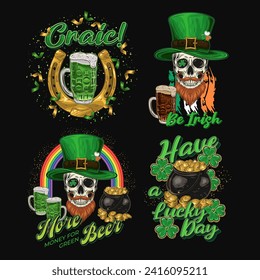 St Patricks Day Labels with holiday objects, text on black background. Shamrock, skull, horseshoe, golden treasure. For clothing, apparel, T-shirts, holiday stuff, goods decoration Vintage style