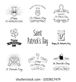 St Patricks day labels set. Calendar, clover, leprechaun, four leafy, Ireland, green, beard horseshoe flag beer ale Saint Patrick Irish