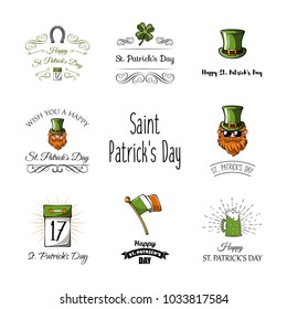 St Patricks day labels set. Calendar, clover, leprechaun, four leafy, Ireland, green, beard horseshoe flag beer ale Saint Patrick Irish