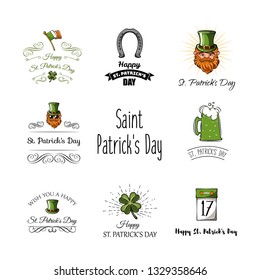 St Patricks day labels set. Calendar, clover, leprechaun, four leafy, Ireland, green, beard horseshoe flag beer ale Saint Patrick Irish