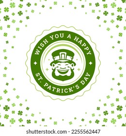 St Patrick's Day laughing leprechaun troll greeting social media post template vintage vector flat illustration. Happy Irish gnome in hat portrait Celtic folklore magic character round frame design