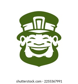 St Patrick's Day laughing lucky troll bearded leprechaun in hat mascot vintage icon vector flat illustration. Irish gnome fairy tale character portrait happy face positive emotion fortune symbol