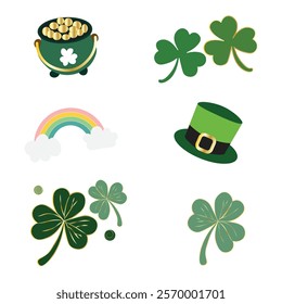 St Patrick's Day Leaf Clover Shamrock Lucky Gold Irish Green Hat with Golden Buckle Vector Set