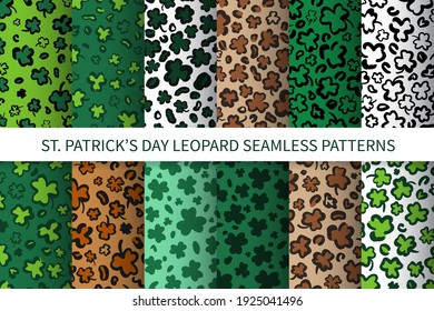 St. Patricks Day Leopard or jaguar seamless pattern made of shamrock or clover leaves. Set of 12 animal prints. Spotted cheetah fur. Vector background for fabric, textile, wallpaper, wrapping paper.