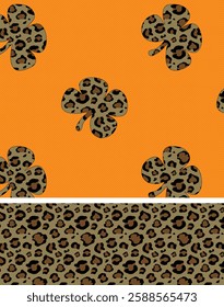 St. Patricks Day Leopard or jaguar seamless pattern made of clover or shamrock leaves. Trendy animal print. Spotted cheetah skin. Vector background for fabric, textile, wrapping paper, wallpaper, etc.