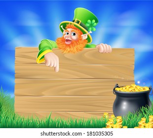 St Patricks day leprechaun background with wooden sign and cauldron or pot of gold coins
