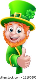 A St Patricks Day Leprechaun cartoon character peeking around a sign and giving a thumbs up