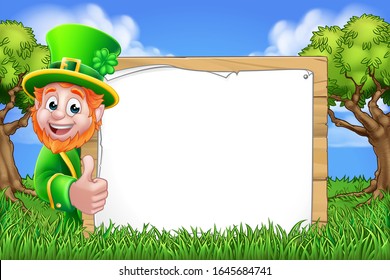 A St Patricks Day Leprechaun cartoon character peeking around a sign and giving a thumbs up in a woodland or park scene