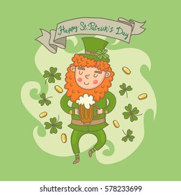 St Patrick's Day leprechaun cartoon character holding a glass of beer. Happy St. Patrick's Day. Vector illustration.