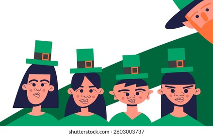 St. Patrick's Day. Leprechaun celebrates the holiday with children. Flat vector illustration in cartoon style isolated on white background.