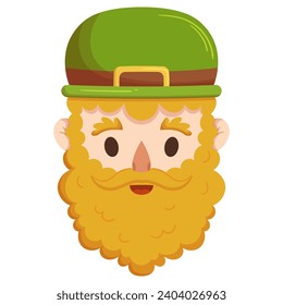 Cara del personaje de St. Patricks Day Leprechaun con barba roja con sombrero verde