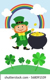 St. Patrick's Day - Leprechaun, Clovers and Pot of Gold