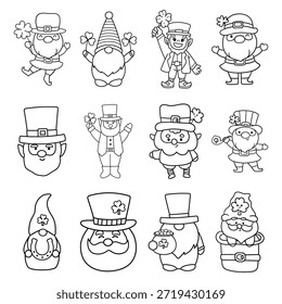 Conjunto de páginas para colorear del duende del día de San Patricio. Lindo Gnomo y Elf Ilustración vectorial de arte de línea para niños libro de actividades o sellos digitales.