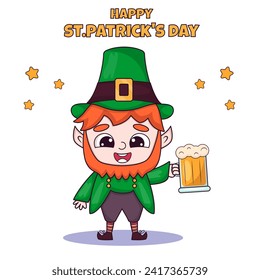 St Patrick's day leprechaun cute character with cup of beer , greeting card, banner, poster