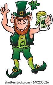 St Patrick's Day Leprechaun dancing, celebrating with beer and moving his arms and feet rhythmically in time to music