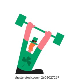 St. Patrick's Day. Leprechaun doing sports in the gym. Strongman in a suit. Flat vector illustration isolated on white background.