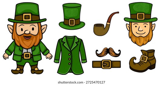 St. Patrick's Day Leprechaun Elements Vector Set - Festive Irish Characters and Accessories