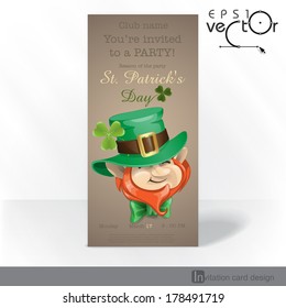 St Patrick's Day Leprechaun Face. Party Invitation Card Design, Template. Vector Illustration. Eps 10.