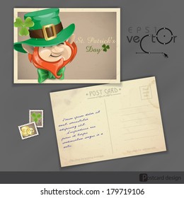 St Patrick's Day Leprechaun Face. Old Postcard Design, Template. Vector Illustration. Eps 10.