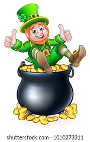 A St Patricks day leprechaun giving a thumbs up in a pot of gold coins