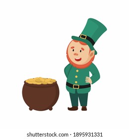 St. Patrick's Day. Leprechaun with gold. Vector character in cartoon style.