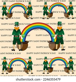 St patricks day leprechaun in green suit, a hat with a buckle, shorts, striped socks and stylish shoes with a clover leaf in hand and orange beard with rainbow pot.
