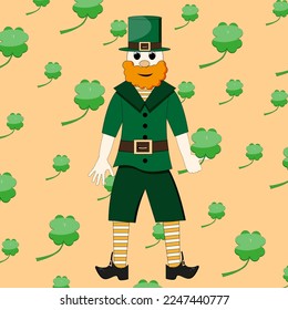 St patricks day leprechaun in green suit, a hat with a buckle, shorts, striped socks and stylish shoes with a clover leaf in hand and orange beard. Saint patrick's day card.