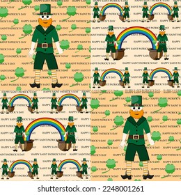 St patricks day leprechaun in green suit, a hat with a buckle, shorts, striped socks and stylish shoes with a clover leaf in hand and orange beard, pot with rainbow and inscription.