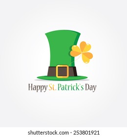 st patrick`s day leprechaun green hat with golden symbol of ireland shamrock three-leaved clover plant in trendy flat design style