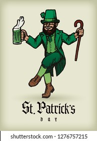 St. Patrick's Day Leprechaun Guy Dancing With A Beer And A Stick - Vintage Realistic Illustration