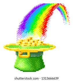 A St Patricks Day leprechaun hat full of gold coins at the end of a rainbow icon. In pixel art 8 bit arcade video game style graphic illustration
