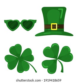 St. Patricks Day. Leprechaun hat, clover and sunglasses. Vector Illustration concept