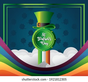 st patricks day leprechaun hat irish flag and rainbow clovers background vector illustration
